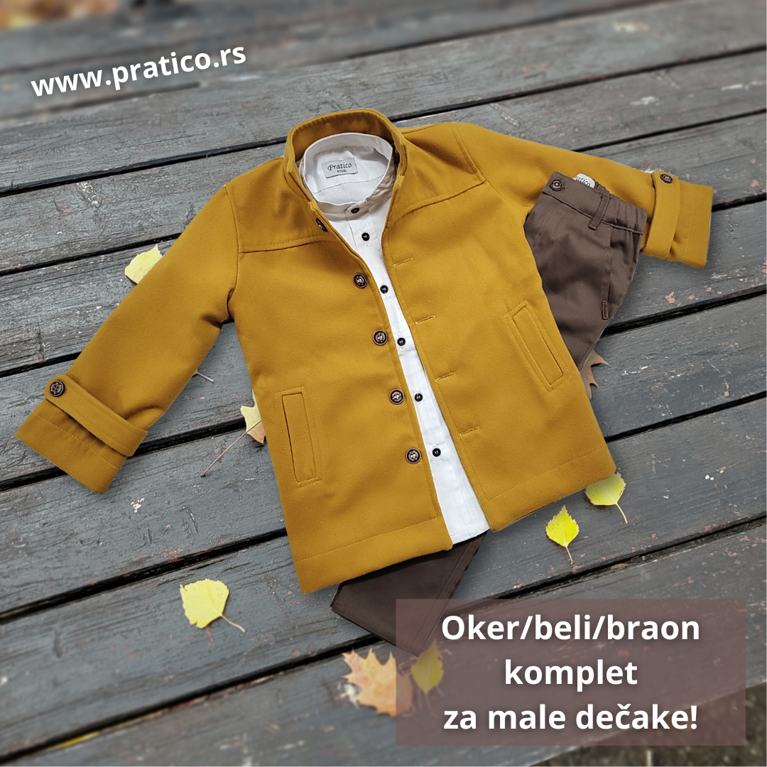 Beli/oker/braon komplet za male dečake sa kaputom
